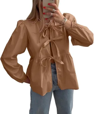 Allimy Womens Self Tie Front Bows Puff Long Sleeve Crewneck Babydoll Peplum Blouses Tops Shirts