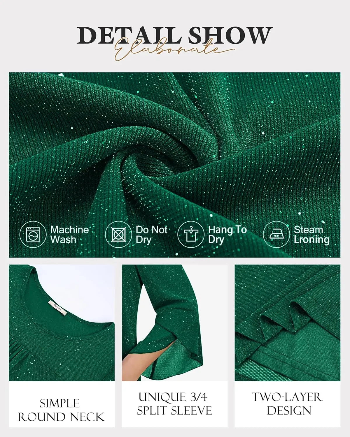 Bebonnie Women's Ruffle 3/4 Sleeve Elegant Dressy Blouses Crew Neck Double Layers Mesh Tunic Tops