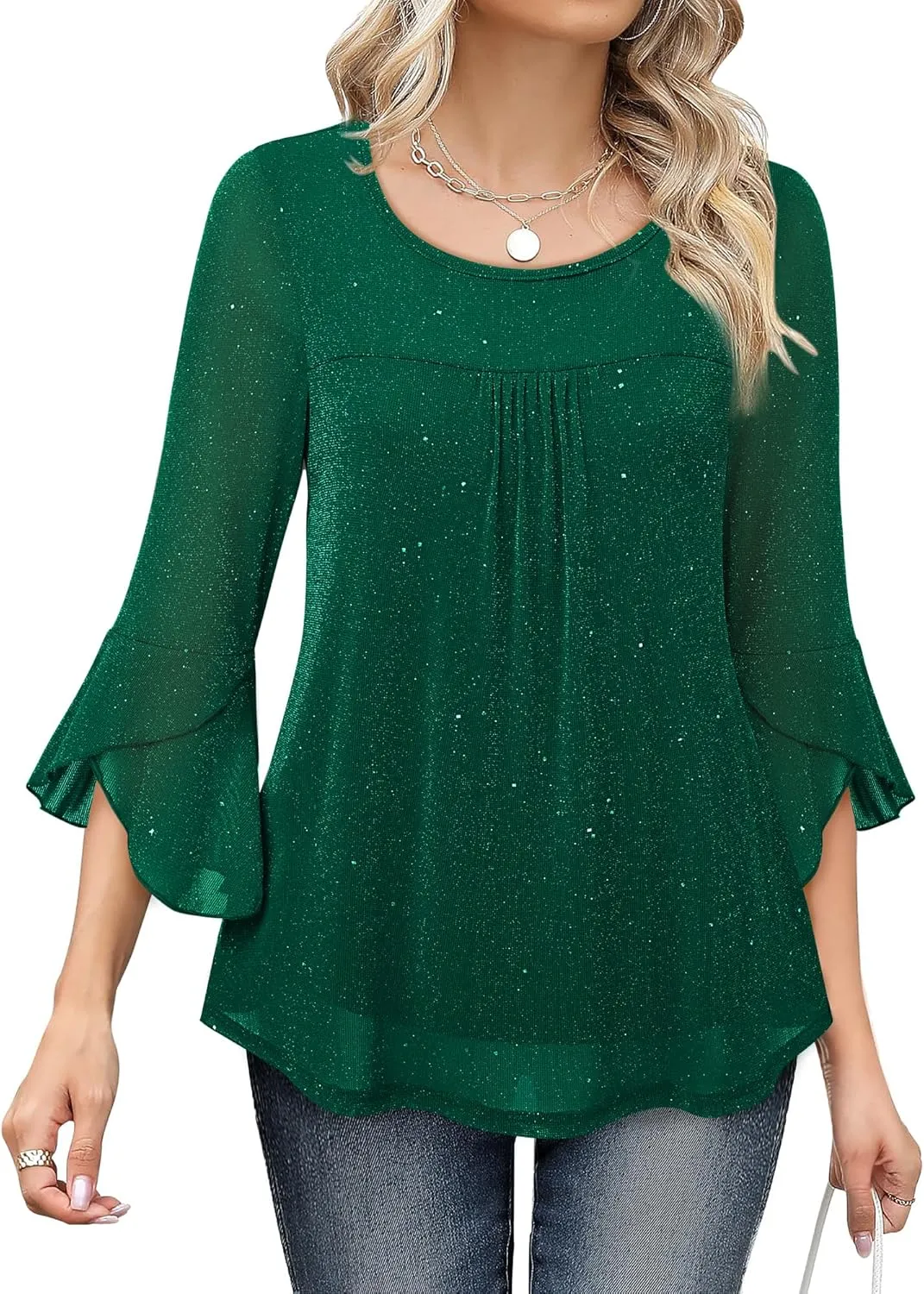 Bebonnie Women's Ruffle 3/4 Sleeve Elegant Dressy Blouses Crew Neck Double Layers Mesh Tunic Tops