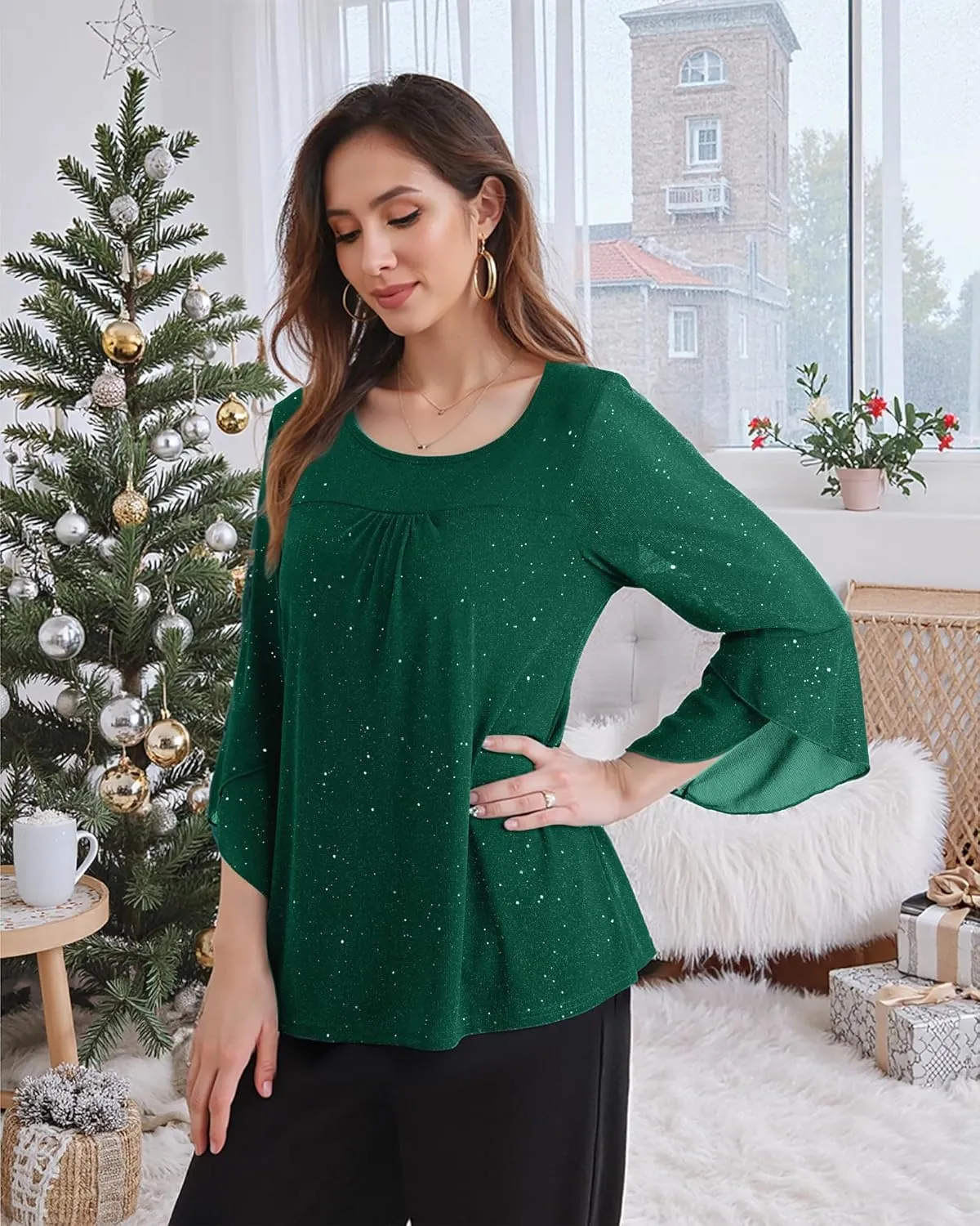 Bebonnie Women's Ruffle 3/4 Sleeve Elegant Dressy Blouses Crew Neck Double Layers Mesh Tunic Tops