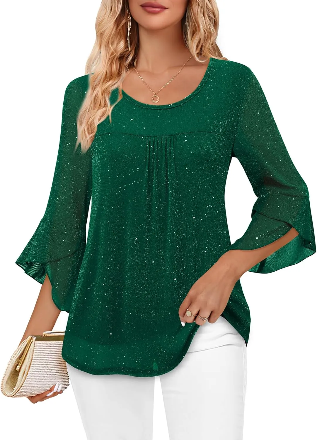 Bebonnie Women's Ruffle 3/4 Sleeve Elegant Dressy Blouses Crew Neck Double Layers Mesh Tunic Tops