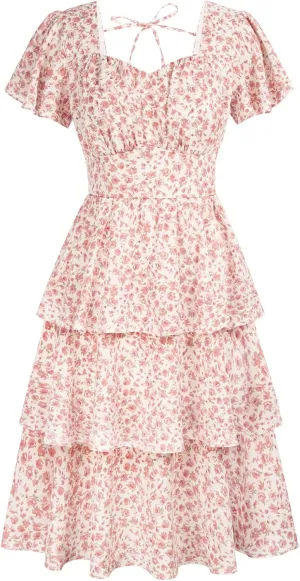 Belle Poque Women's Square Neck Tiered Ruffle Dress 2025 Summer Vintage Short Sleeve Layered A-line Swing Midi Dress