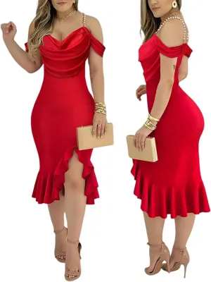 CHICME Womens Sexy Bodycon Party Dress Off The Shoulder Pearls Strap Midi Dress Ruffle Hem Cocktail Dresses