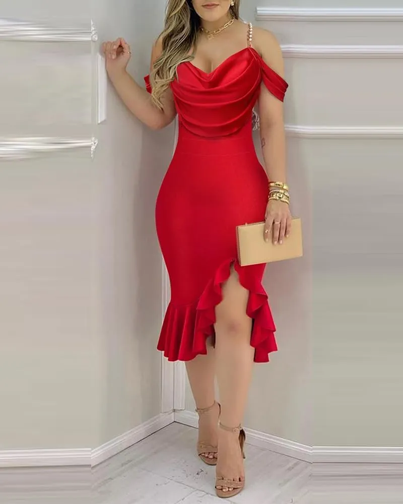 CHICME Womens Sexy Bodycon Party Dress Off The Shoulder Pearls Strap Midi Dress Ruffle Hem Cocktail Dresses