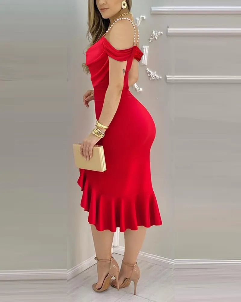 CHICME Womens Sexy Bodycon Party Dress Off The Shoulder Pearls Strap Midi Dress Ruffle Hem Cocktail Dresses