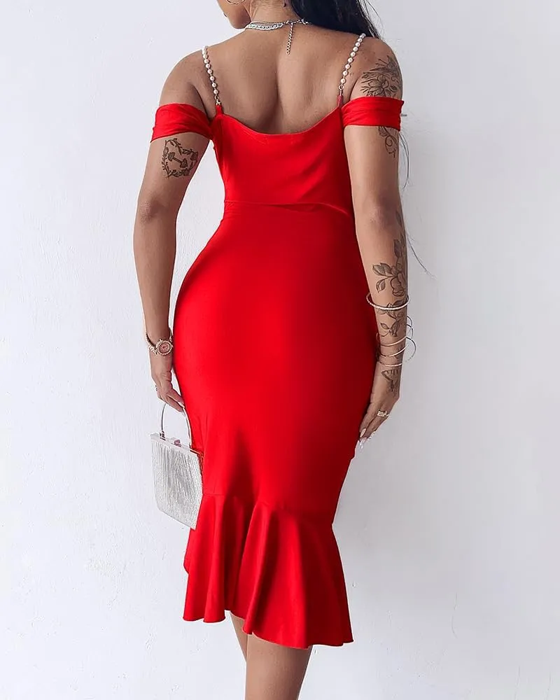 CHICME Womens Sexy Bodycon Party Dress Off The Shoulder Pearls Strap Midi Dress Ruffle Hem Cocktail Dresses