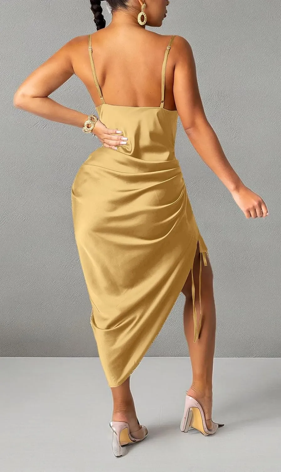 Club Dress Sexy Dress for Women Wedding Party Birthday Cocktail Spaghetti Strap Satin Side Ruched Midi Mini Dress