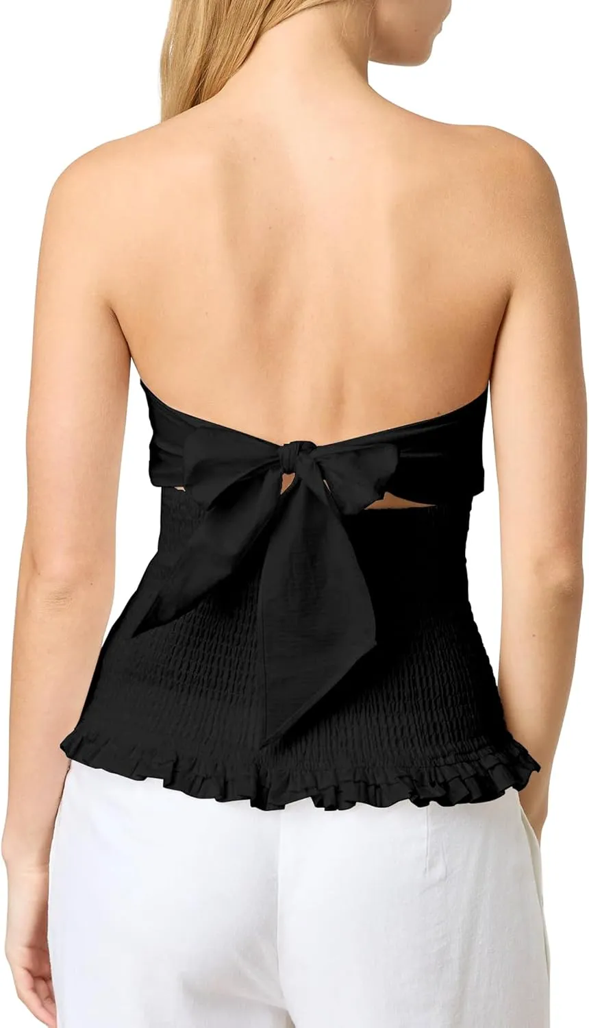 CSDAJIO Long Tube Tops for Women Shirred Smocked Tie Back Strapless Bandeau Top Ruffle Hem Backless Shirt