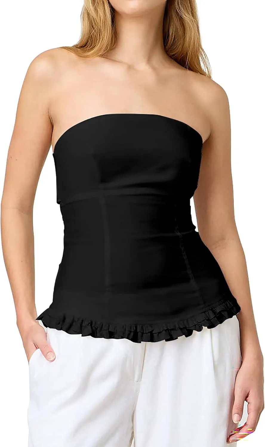 CSDAJIO Long Tube Tops for Women Shirred Smocked Tie Back Strapless Bandeau Top Ruffle Hem Backless Shirt