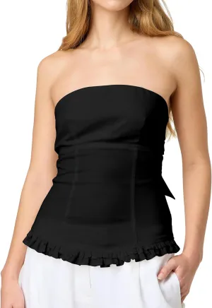CSDAJIO Long Tube Tops for Women Shirred Smocked Tie Back Strapless Bandeau Top Ruffle Hem Backless Shirt