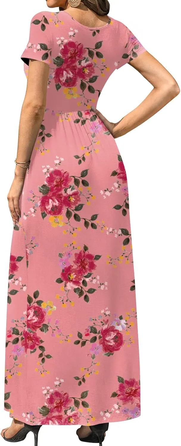 DB MOON Women's Short Sleeve Maxi Dresses Casual Empire Waist Long Dress with Pockets