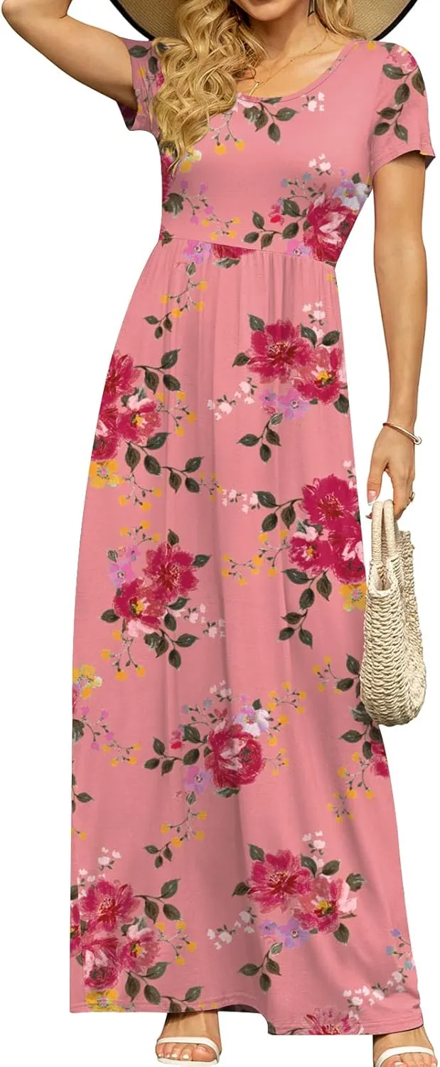 DB MOON Women's Short Sleeve Maxi Dresses Casual Empire Waist Long Dress with Pockets