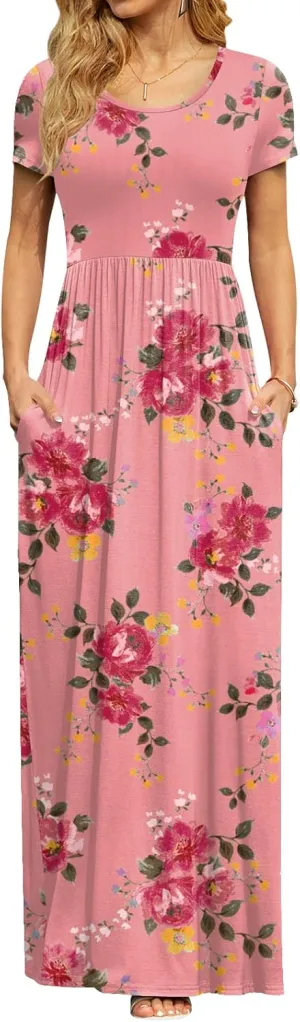 DB MOON Women's Short Sleeve Maxi Dresses Casual Empire Waist Long Dress with Pockets