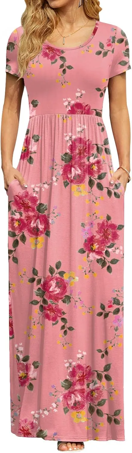 DB MOON Women's Short Sleeve Maxi Dresses Casual Empire Waist Long Dress with Pockets
