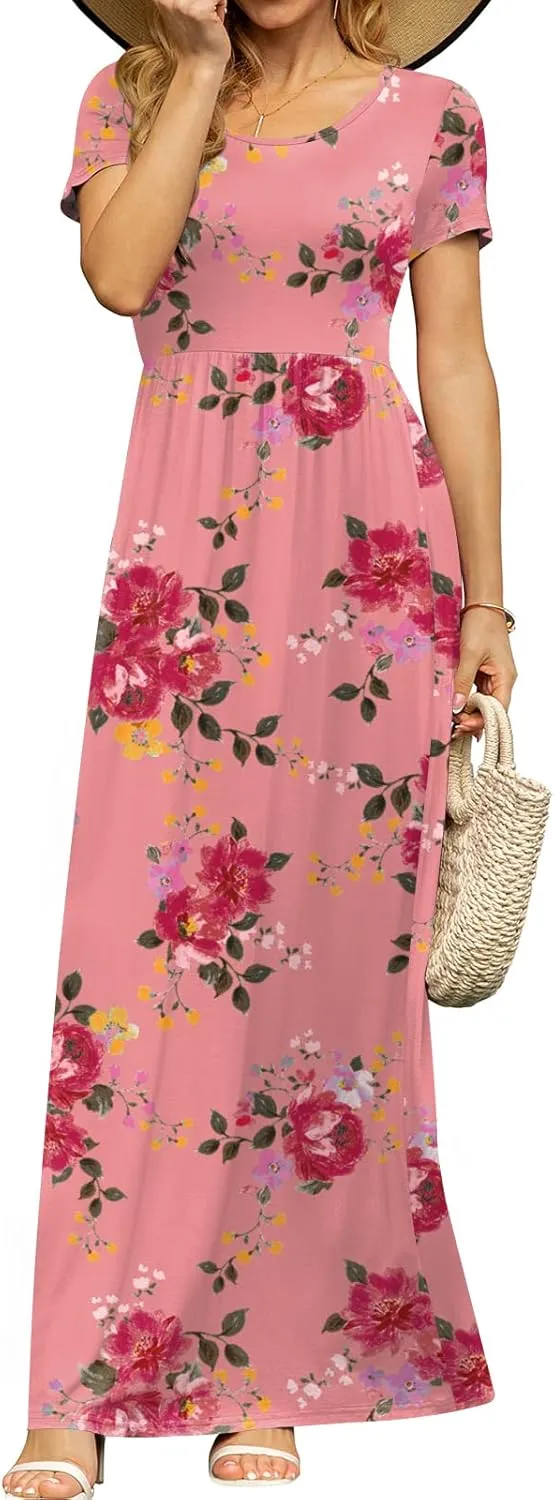 DB MOON Women's Short Sleeve Maxi Dresses Casual Empire Waist Long Dress with Pockets