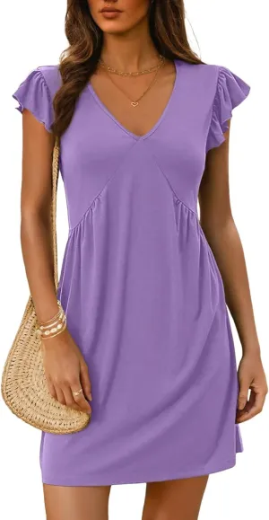 Dokotoo Women's Summer Dresses Beach 2025 Casual Deep V Neck Loose Sundress Ruffle Sleeve Mini Dress