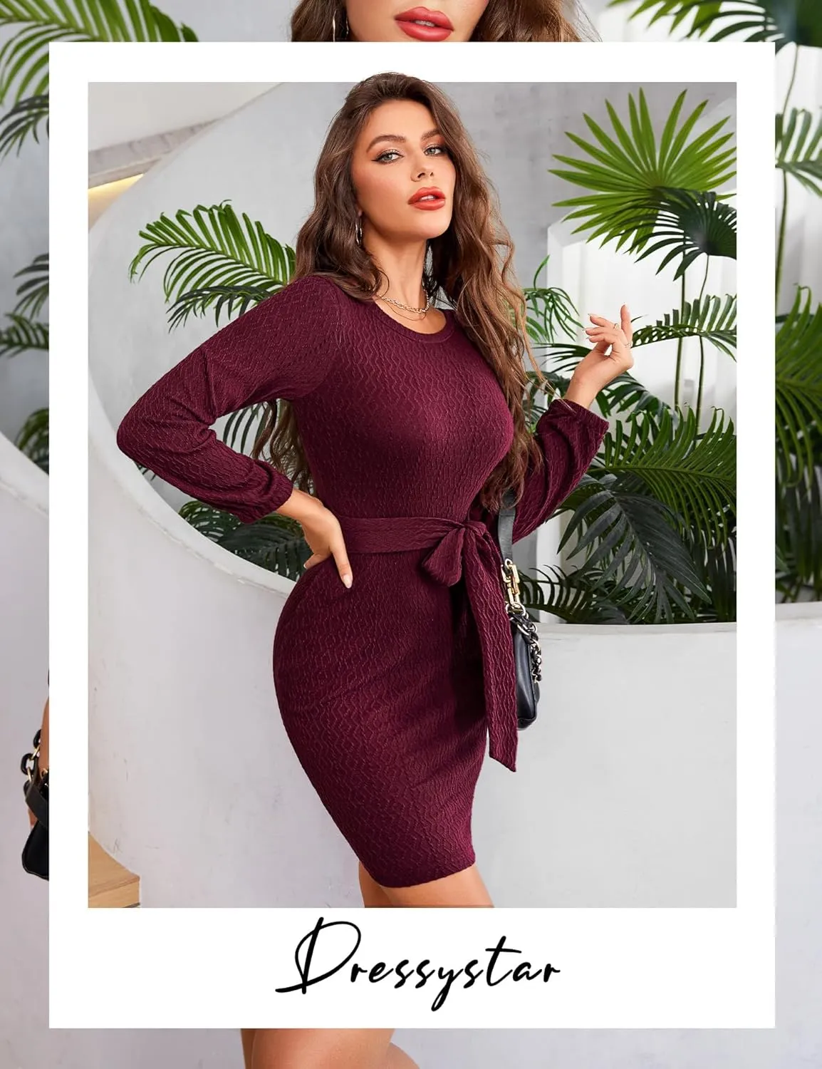 Dressystar Women's Long Sleeve Crewneck Ribbed Knit Sweater Dress Casual Elegant Midi with Tie Waist Belt for Fall/Winter