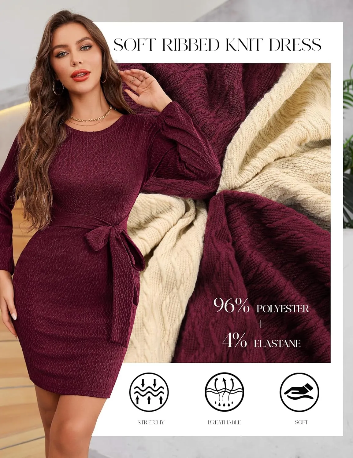 Dressystar Women's Long Sleeve Crewneck Ribbed Knit Sweater Dress Casual Elegant Midi with Tie Waist Belt for Fall/Winter