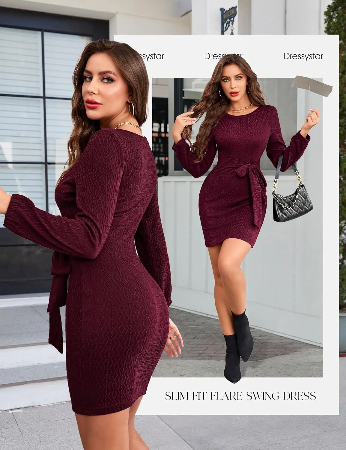 Dressystar Women's Long Sleeve Crewneck Ribbed Knit Sweater Dress Casual Elegant Midi with Tie Waist Belt for Fall/Winter