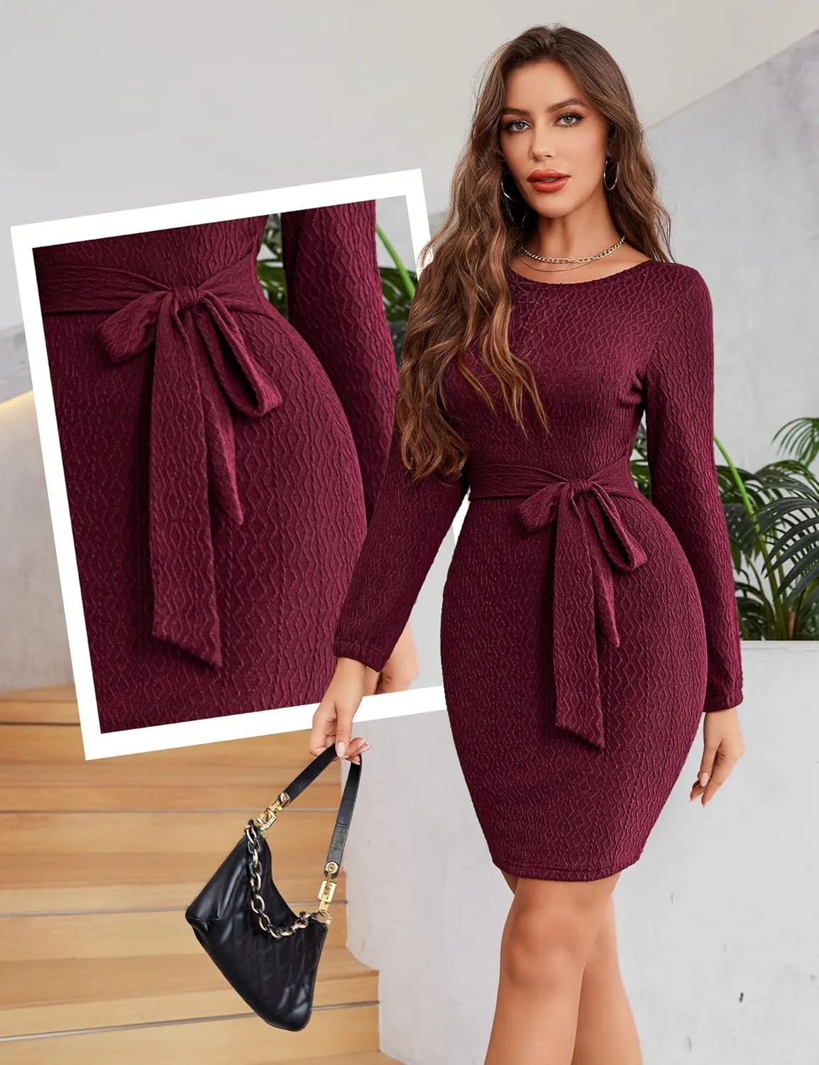 Dressystar Women's Long Sleeve Crewneck Ribbed Knit Sweater Dress Casual Elegant Midi with Tie Waist Belt for Fall/Winter