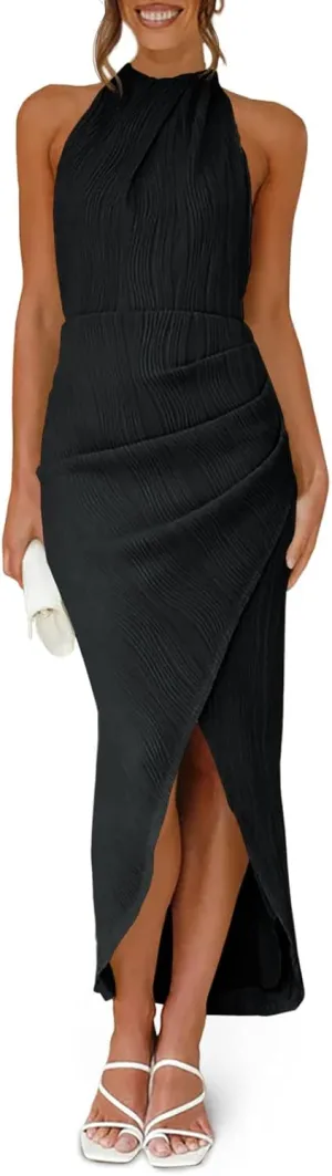 Fisoew Womens Halter Neck Party Dress Sleeveless Slit Textured Backless Sim Fit Ruched Sexy Midi Cocktail Dresses