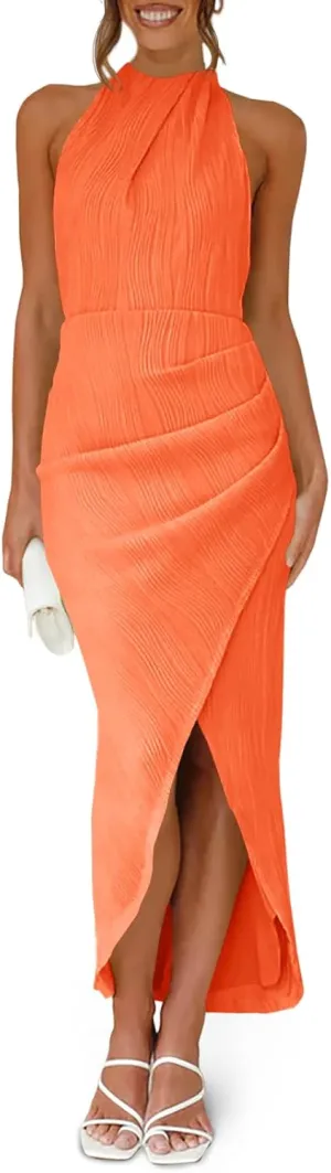 Fisoew Womens Halter Neck Party Dress Sleeveless Slit Textured Backless Sim Fit Ruched Sexy Midi Cocktail Dresses