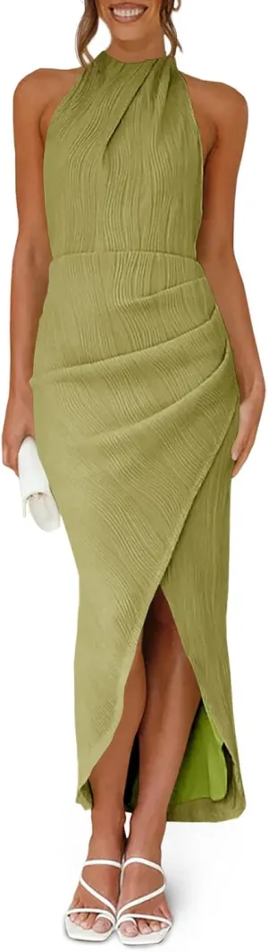 Fisoew Womens Halter Neck Party Dress Sleeveless Slit Textured Backless Sim Fit Ruched Sexy Midi Cocktail Dresses