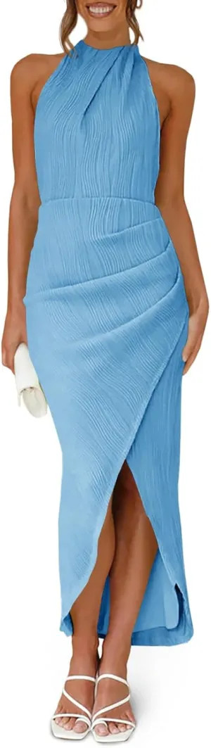 Fisoew Womens Halter Neck Party Dress Sleeveless Slit Textured Backless Sim Fit Ruched Sexy Midi Cocktail Dresses