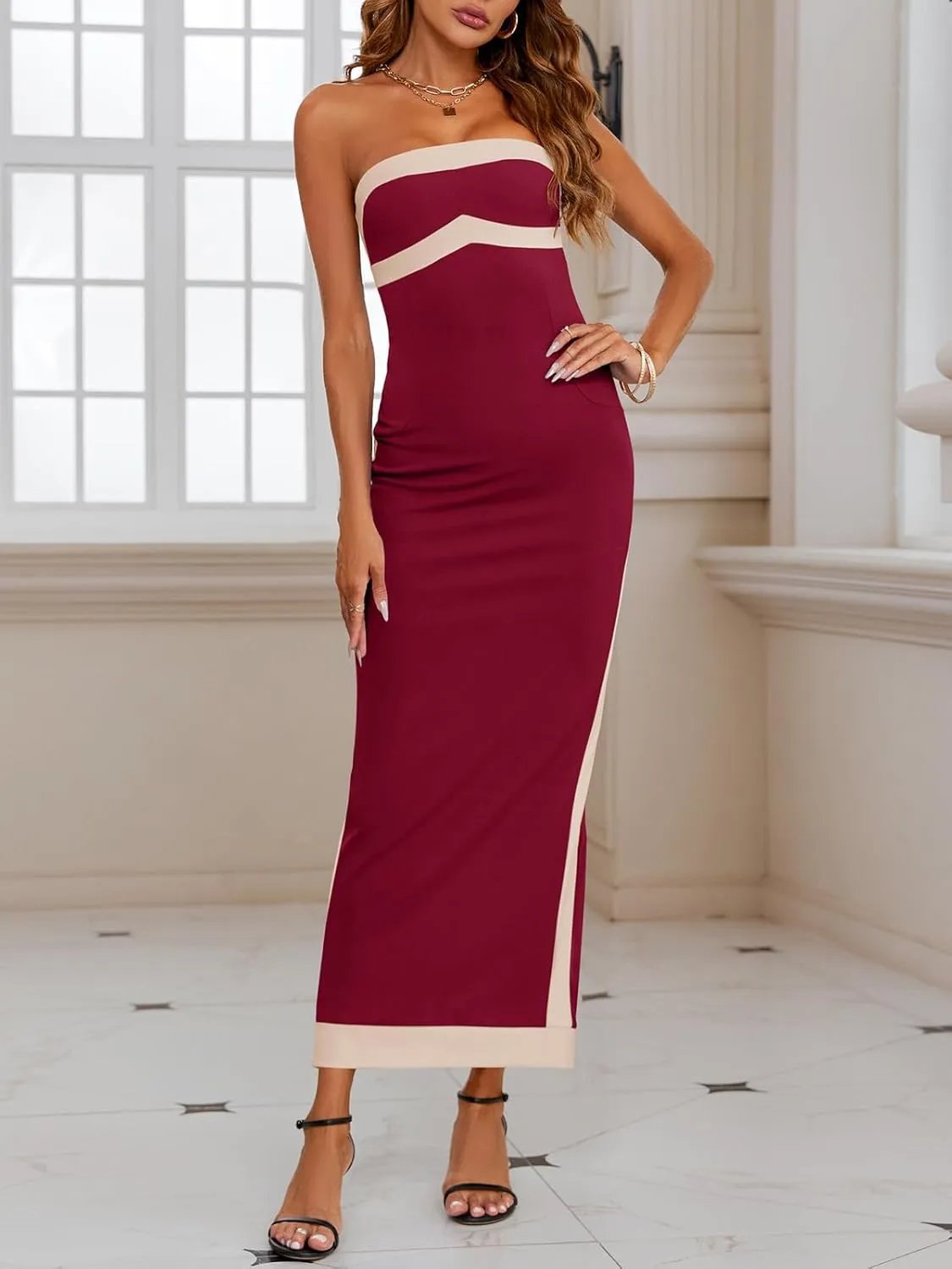 Fisoew Womens Strapless Bodycon Dress Sexy Contrast Color Off Shoulder Party Tube Maxi Dresses