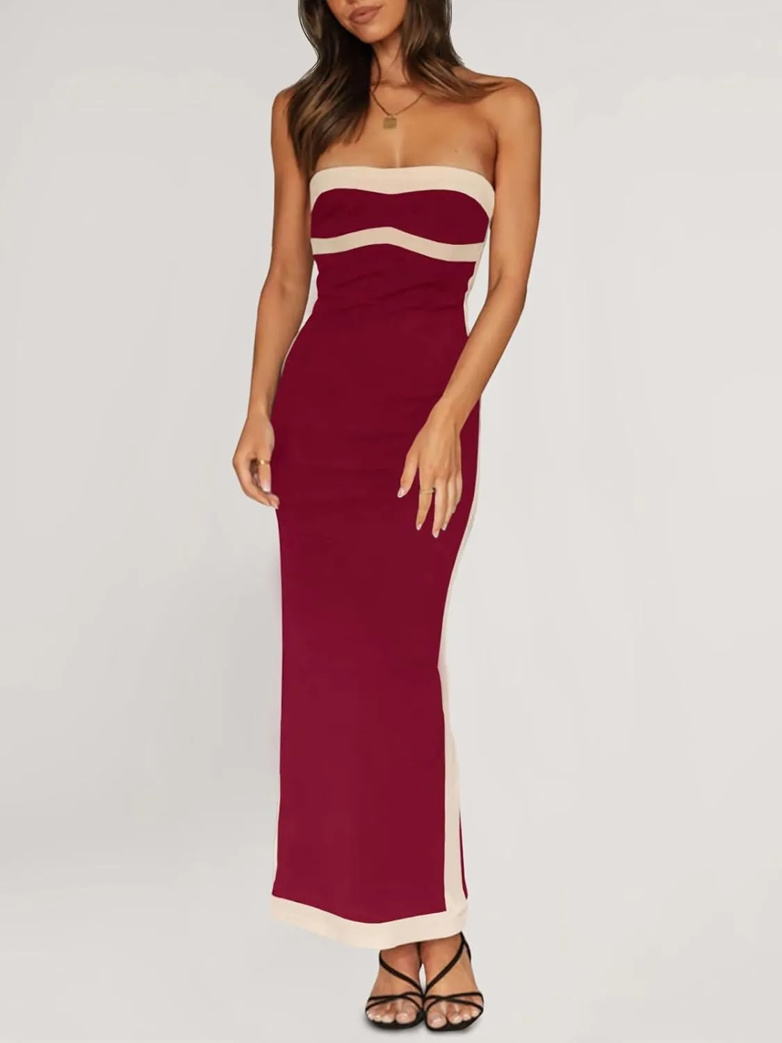 Fisoew Womens Strapless Bodycon Dress Sexy Contrast Color Off Shoulder Party Tube Maxi Dresses