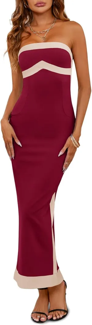 Fisoew Womens Strapless Bodycon Dress Sexy Contrast Color Off Shoulder Party Tube Maxi Dresses