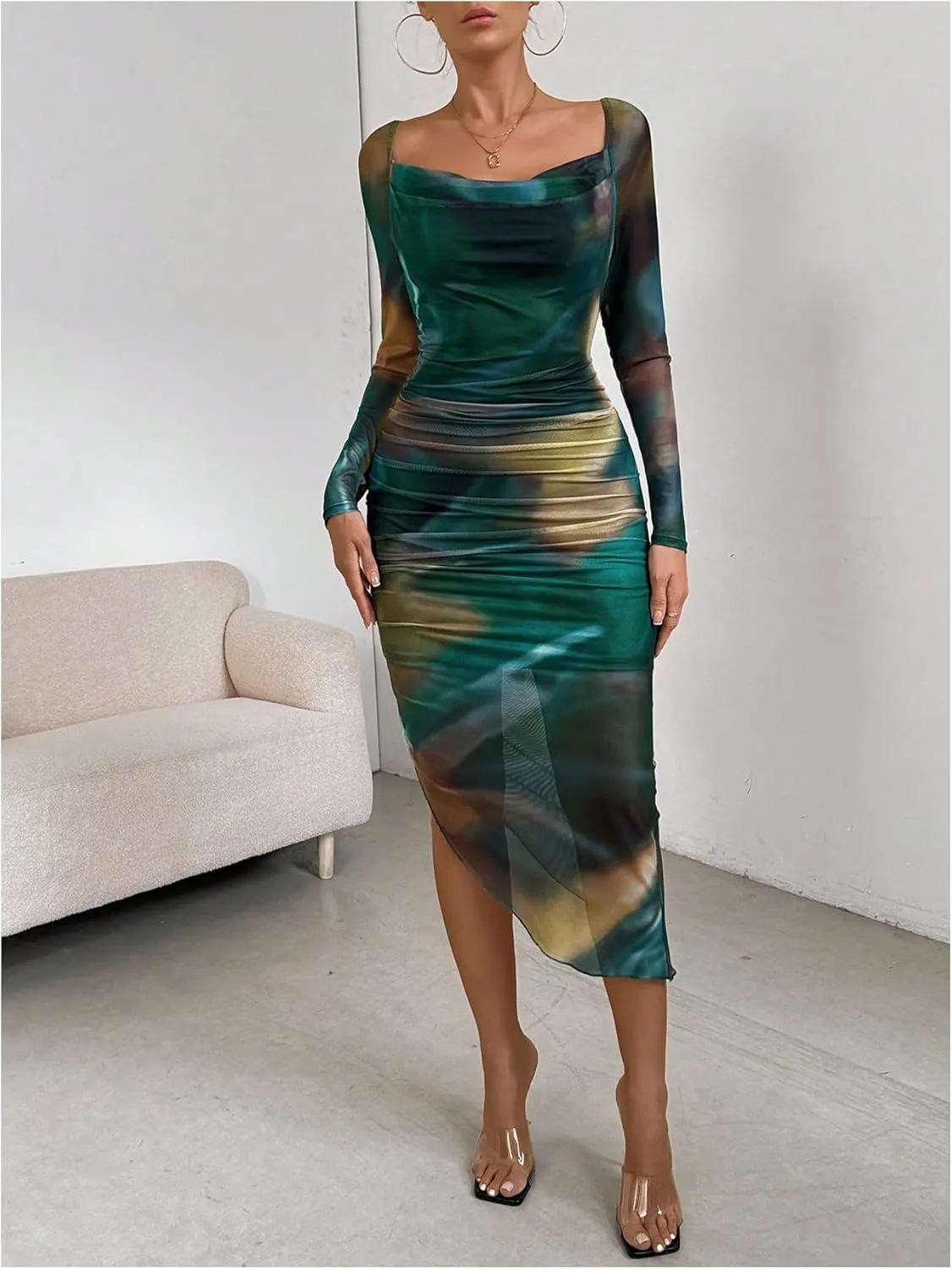 Floerns Women's Tie Dye Long Sleeve Cowl Neck Ruched Cocktail Bodycon Midi Dresses
