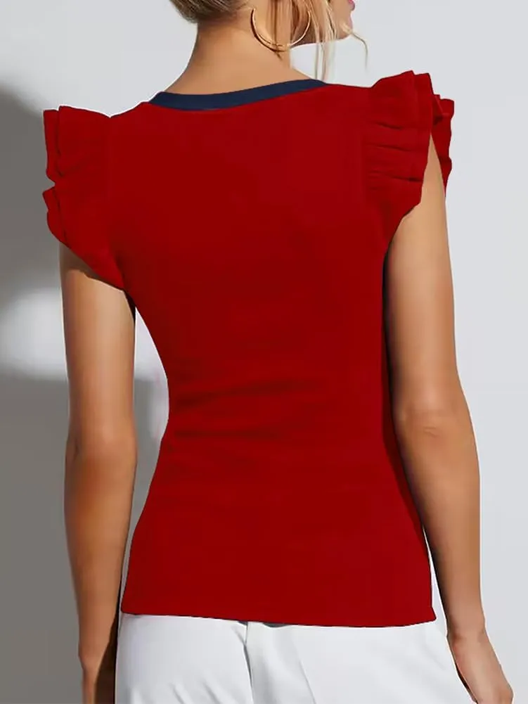 INFITTY Women's V Neck T Shirts Ruffle Sleeve Tops Dressy Sexy Sleeveless Slim Fitted Ribbed Tank Top Summer 2025