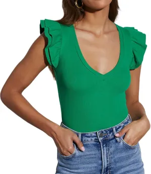 INFITTY Women's V Neck T Shirts Ruffle Sleeve Tops Dressy Sexy Sleeveless Slim Fitted Ribbed Tank Top Summer 2025