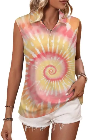 JooMeryer Womens Button Down Golf Polo Shirts Colorful Tie Dye Sleeveless Tank Top XS-4X