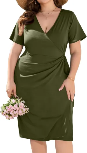 JULYCLO Plus Size Wrap Dress for Curvy Women Sexy Ruched Tie Waist V Neck Cocktail Wedding Guest Party Dress