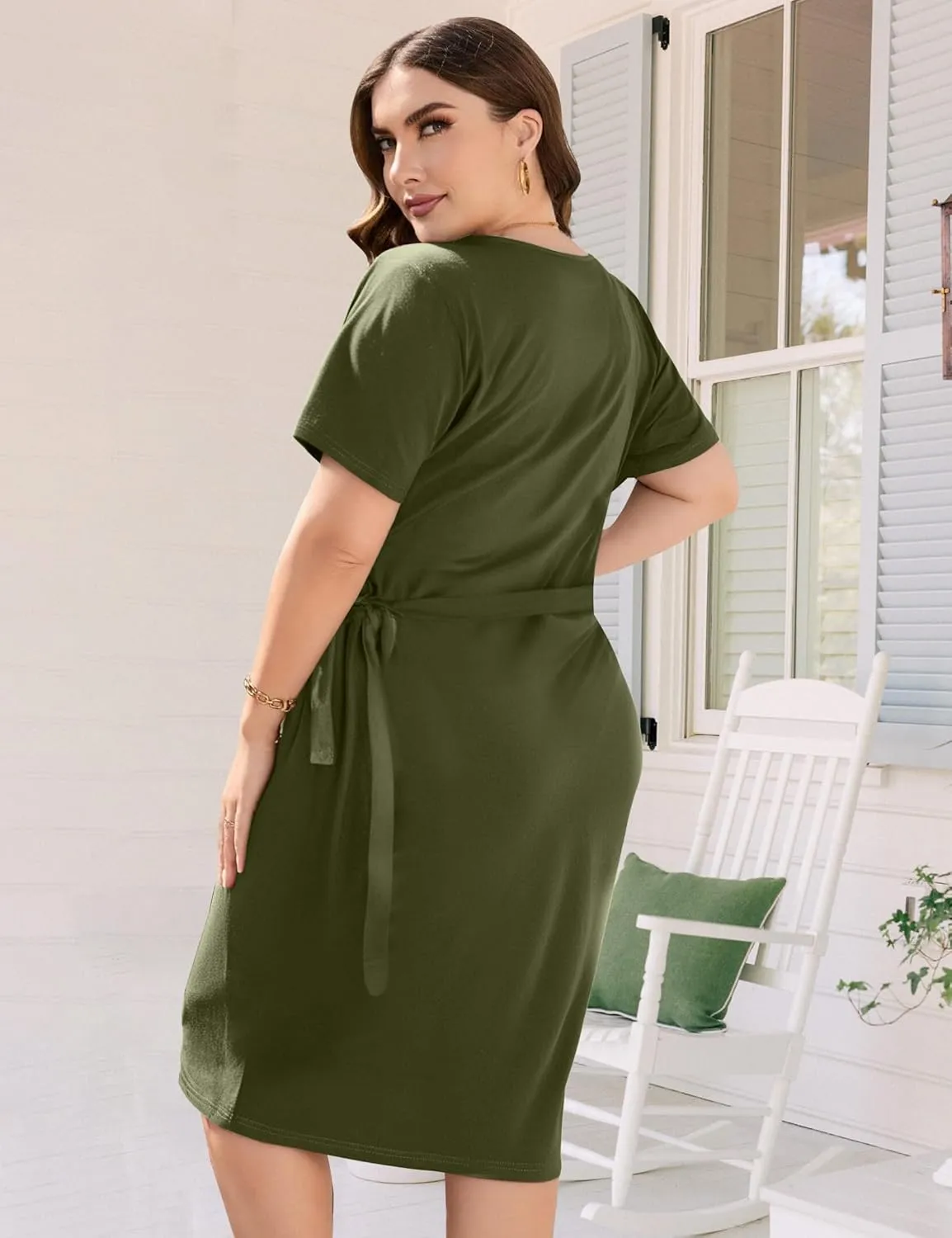JULYCLO Plus Size Wrap Dress for Curvy Women Sexy Ruched Tie Waist V Neck Cocktail Wedding Guest Party Dress