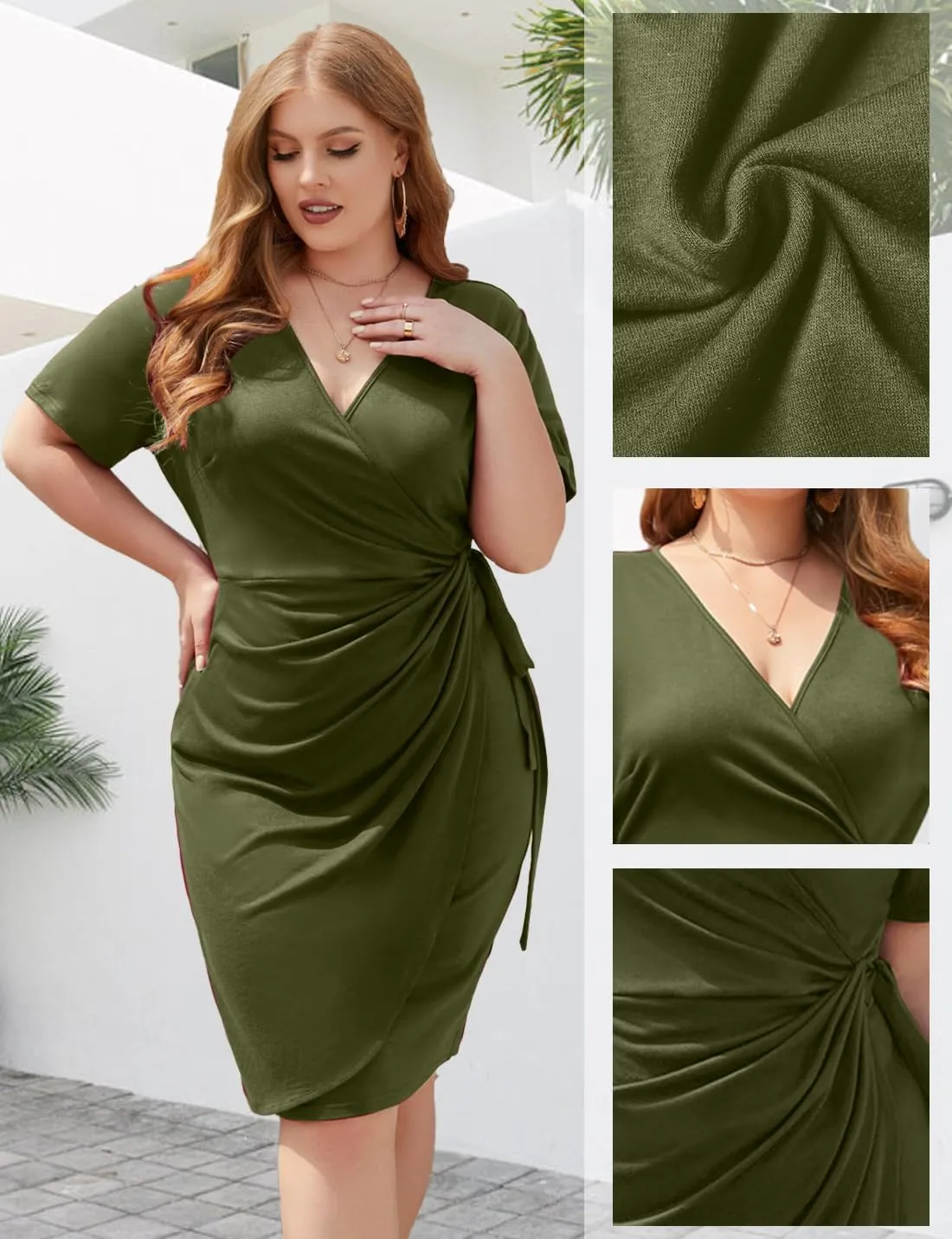 JULYCLO Plus Size Wrap Dress for Curvy Women Sexy Ruched Tie Waist V Neck Cocktail Wedding Guest Party Dress