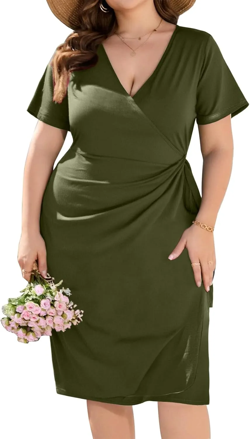 JULYCLO Plus Size Wrap Dress for Curvy Women Sexy Ruched Tie Waist V Neck Cocktail Wedding Guest Party Dress