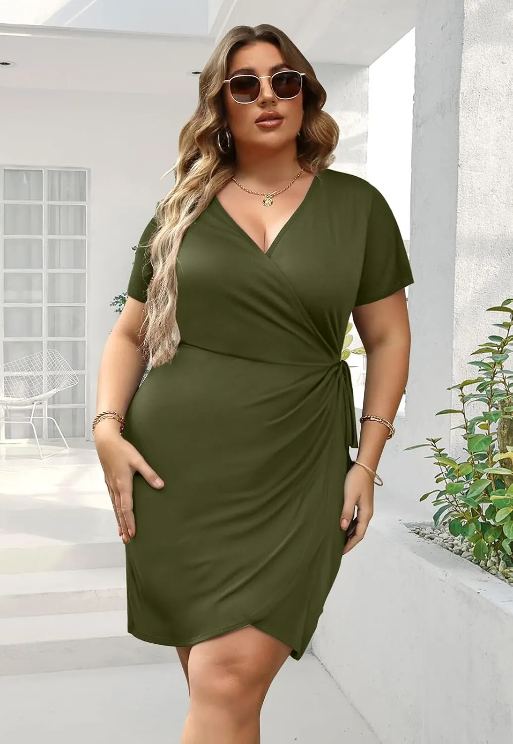 JULYCLO Plus Size Wrap Dress for Curvy Women Sexy Ruched Tie Waist V Neck Cocktail Wedding Guest Party Dress