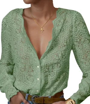 Lace Tops for Women Dressy Casual Blouses Puff Long Sleeve V Neck Button Down Business Work Shirts