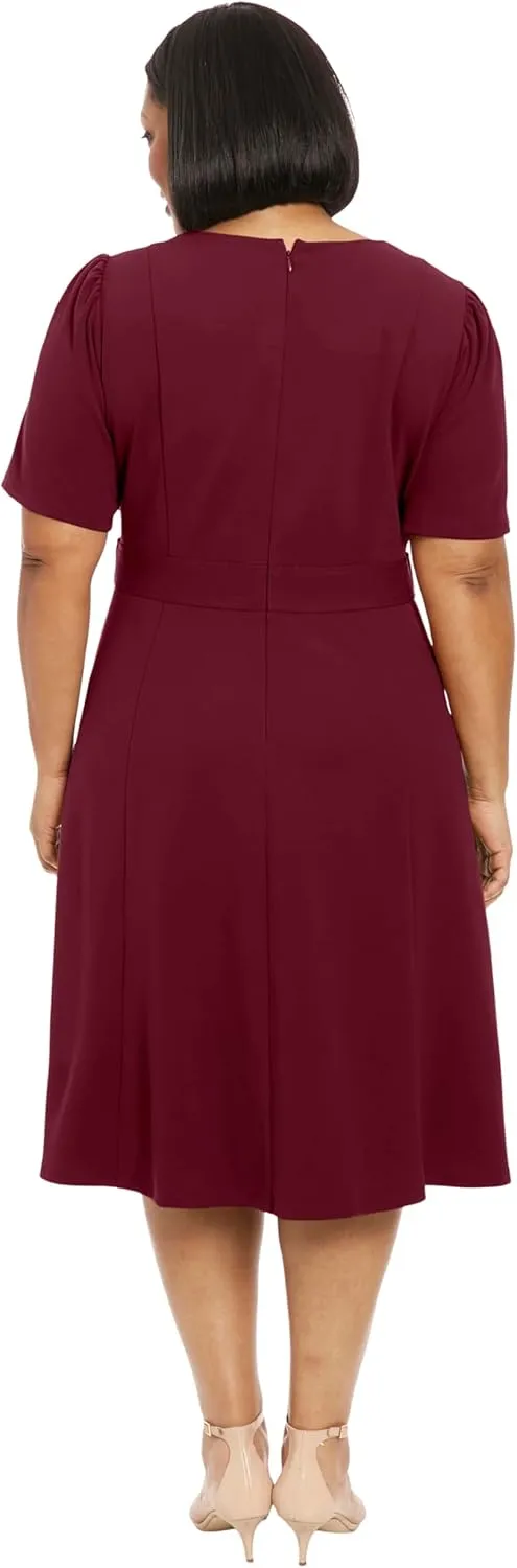 London Times Women's Knit Eyelet Short Sleeve Crepe Inset Waist Midi with Button Detail
