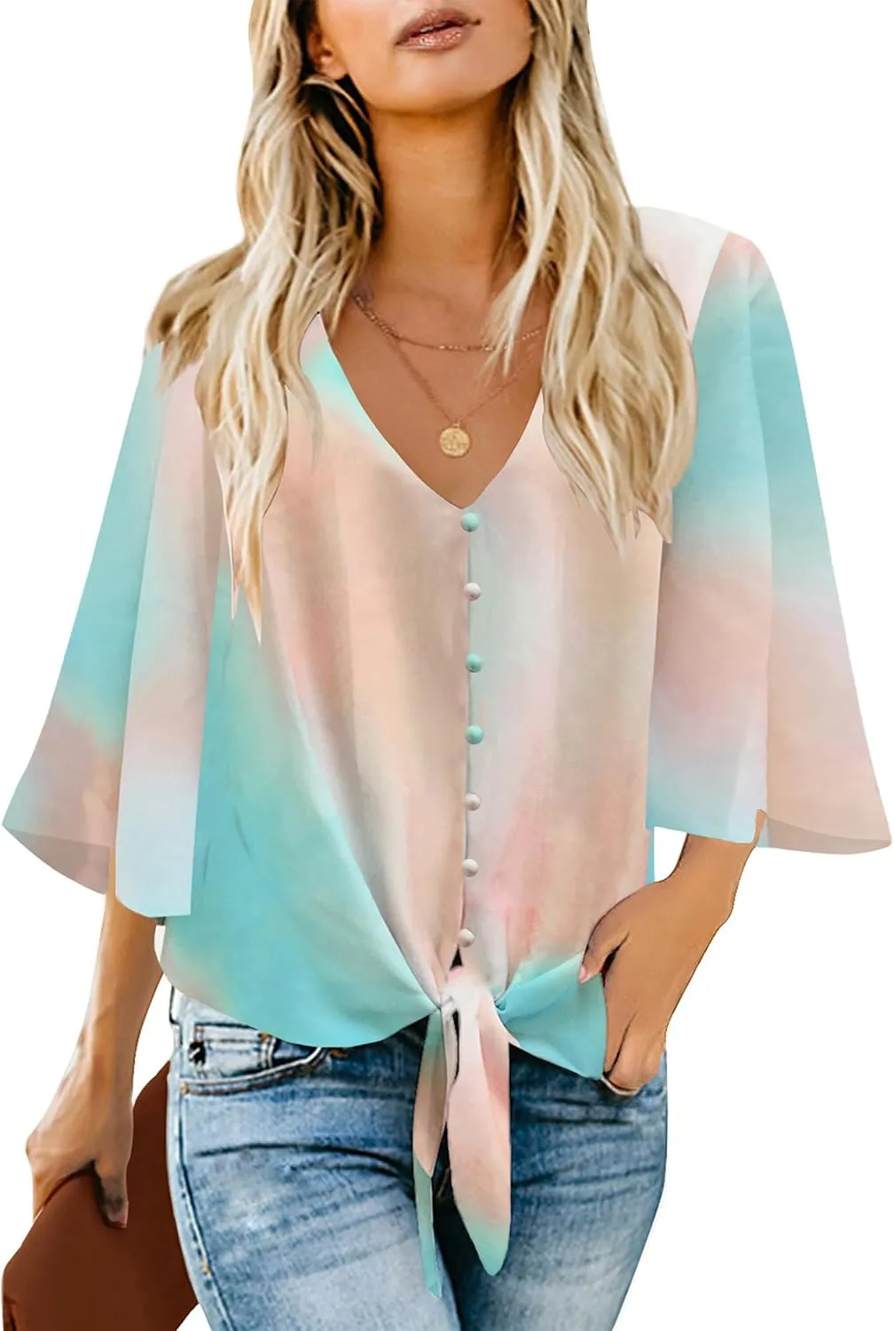 luvamia Women's V Neck Tops 3/4 Sleeve Tie Knot Floral Blouses Button Down Shirts