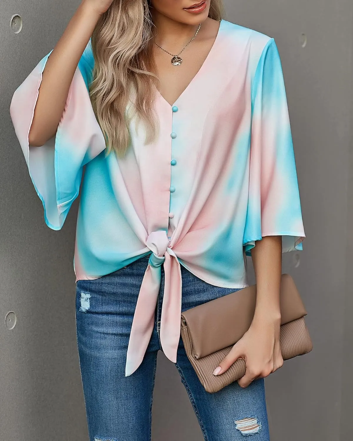 luvamia Women's V Neck Tops 3/4 Sleeve Tie Knot Floral Blouses Button Down Shirts