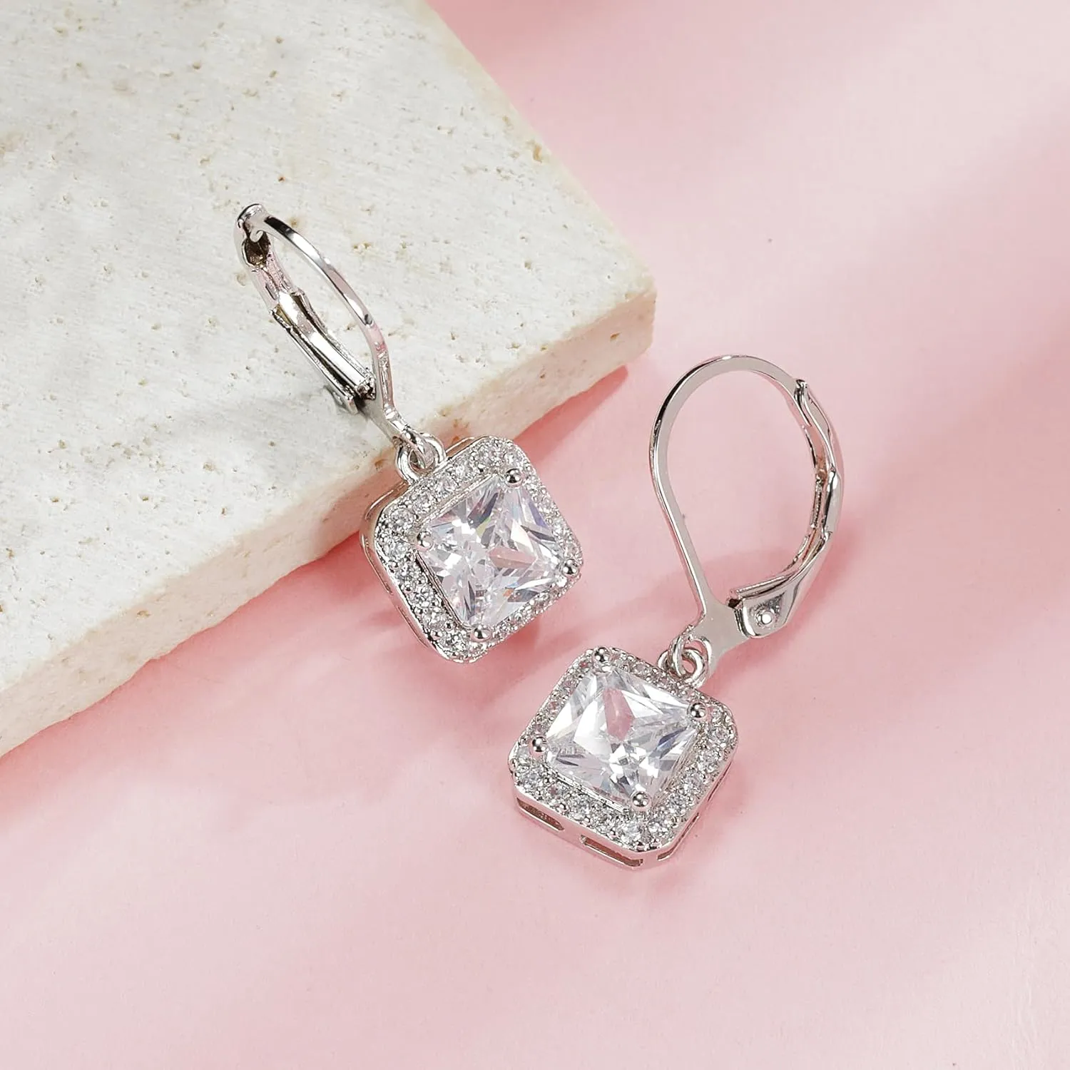MDFUN Dangle Earrings 18K White Gold Plated Round Princess Halo Square Heart Teardrop Eye Cut Clear Cubic Zirconia Drop Earrings for Women Hypoallergenic