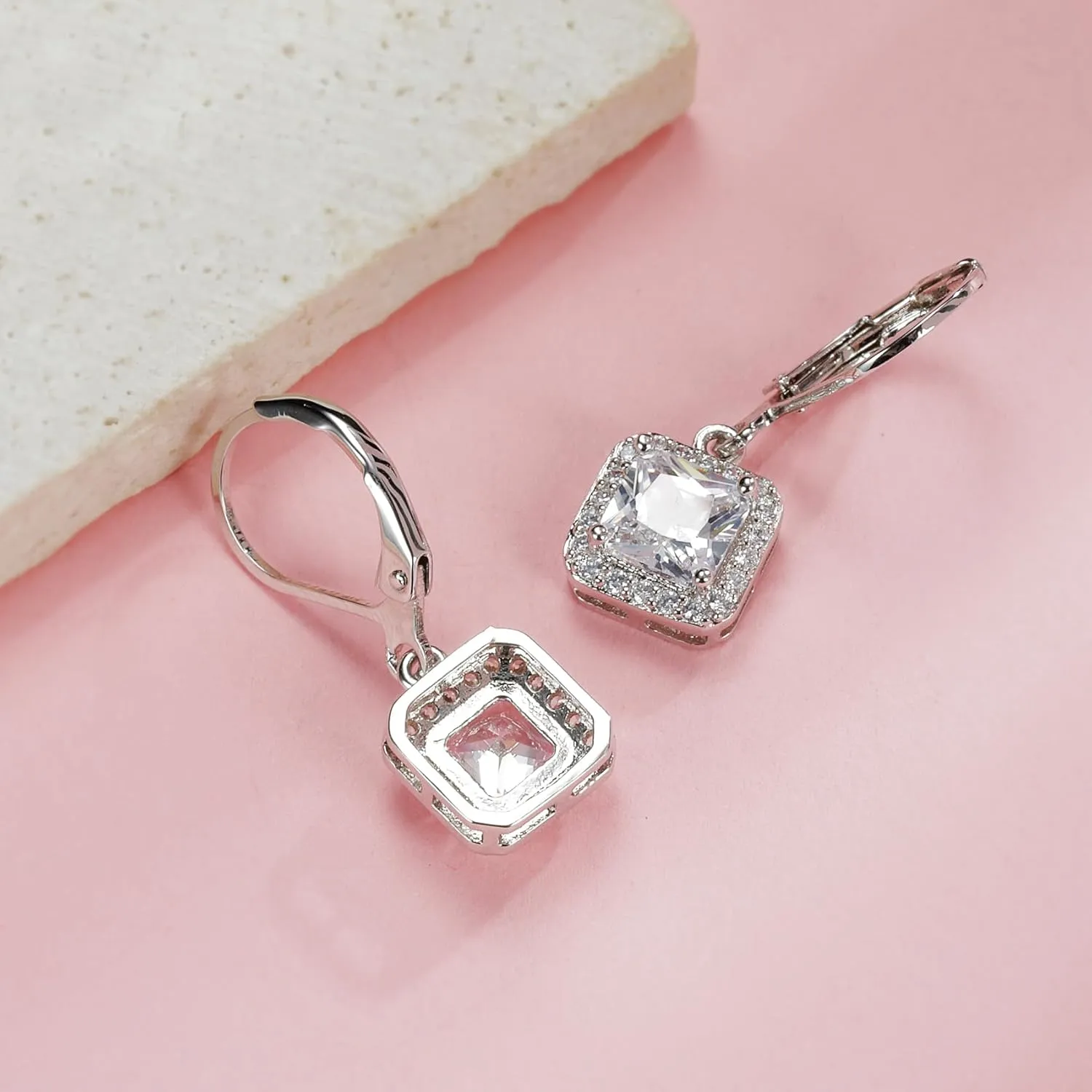 MDFUN Dangle Earrings 18K White Gold Plated Round Princess Halo Square Heart Teardrop Eye Cut Clear Cubic Zirconia Drop Earrings for Women Hypoallergenic