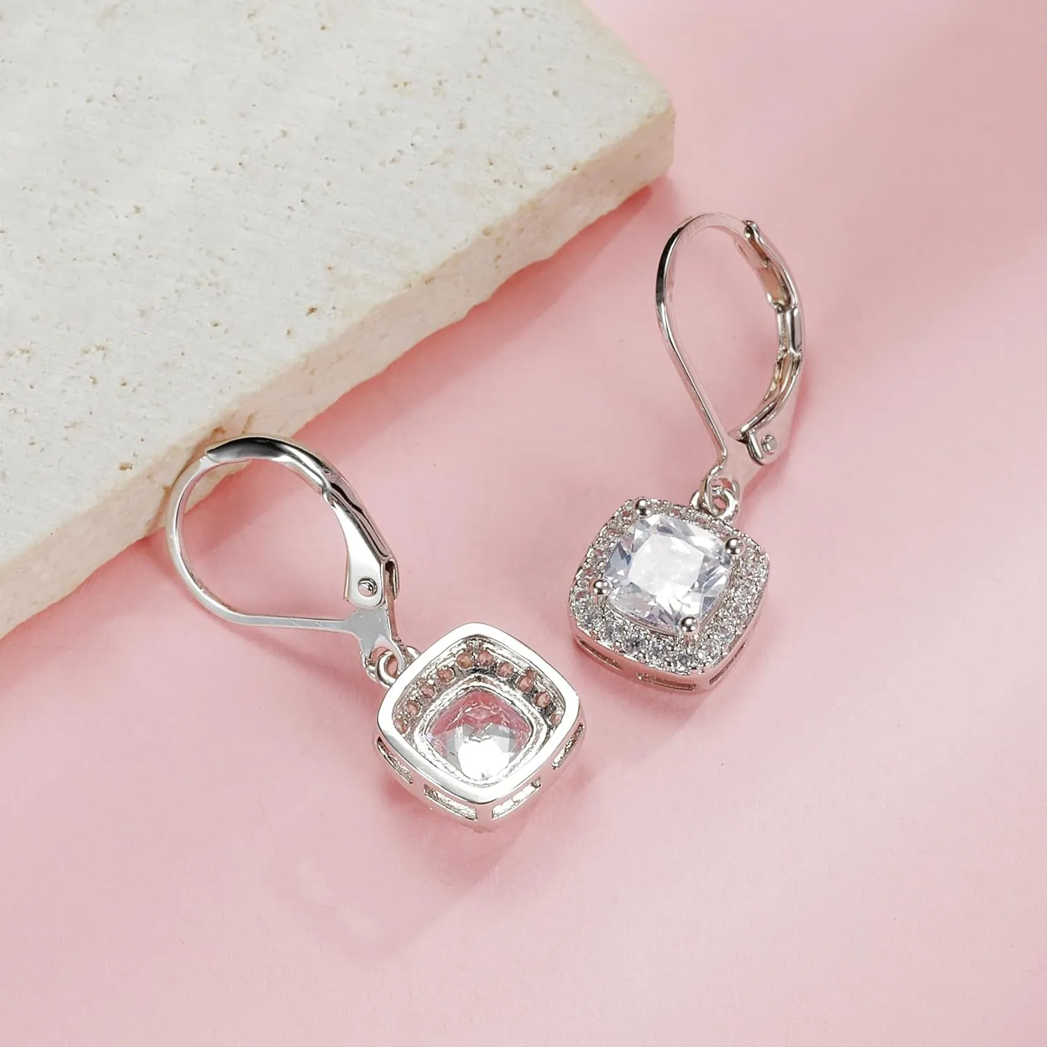 MDFUN Dangle Earrings 18K White Gold Plated Round Princess Halo Square Heart Teardrop Eye Cut Clear Cubic Zirconia Drop Earrings for Women Hypoallergenic