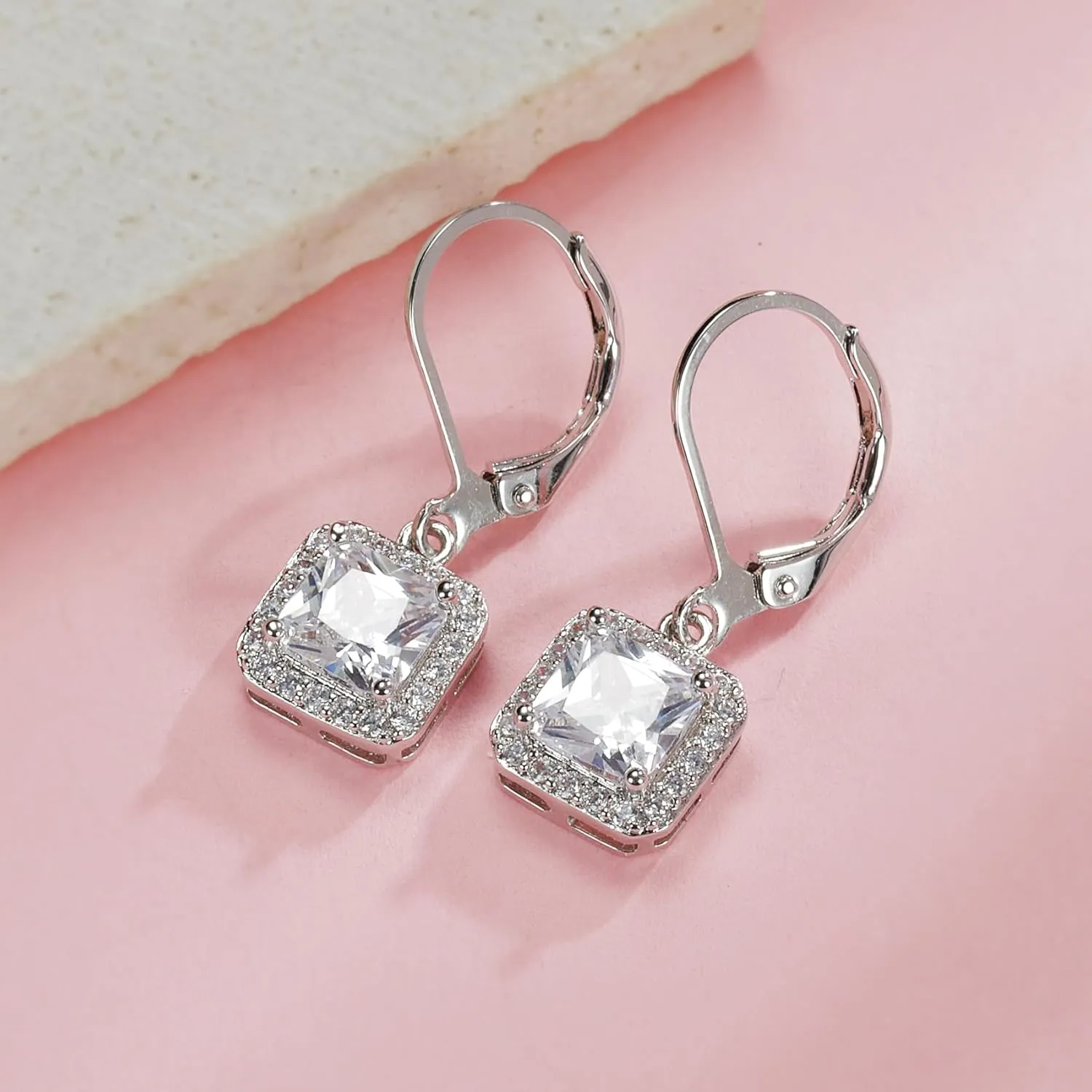 MDFUN Dangle Earrings 18K White Gold Plated Round Princess Halo Square Heart Teardrop Eye Cut Clear Cubic Zirconia Drop Earrings for Women Hypoallergenic