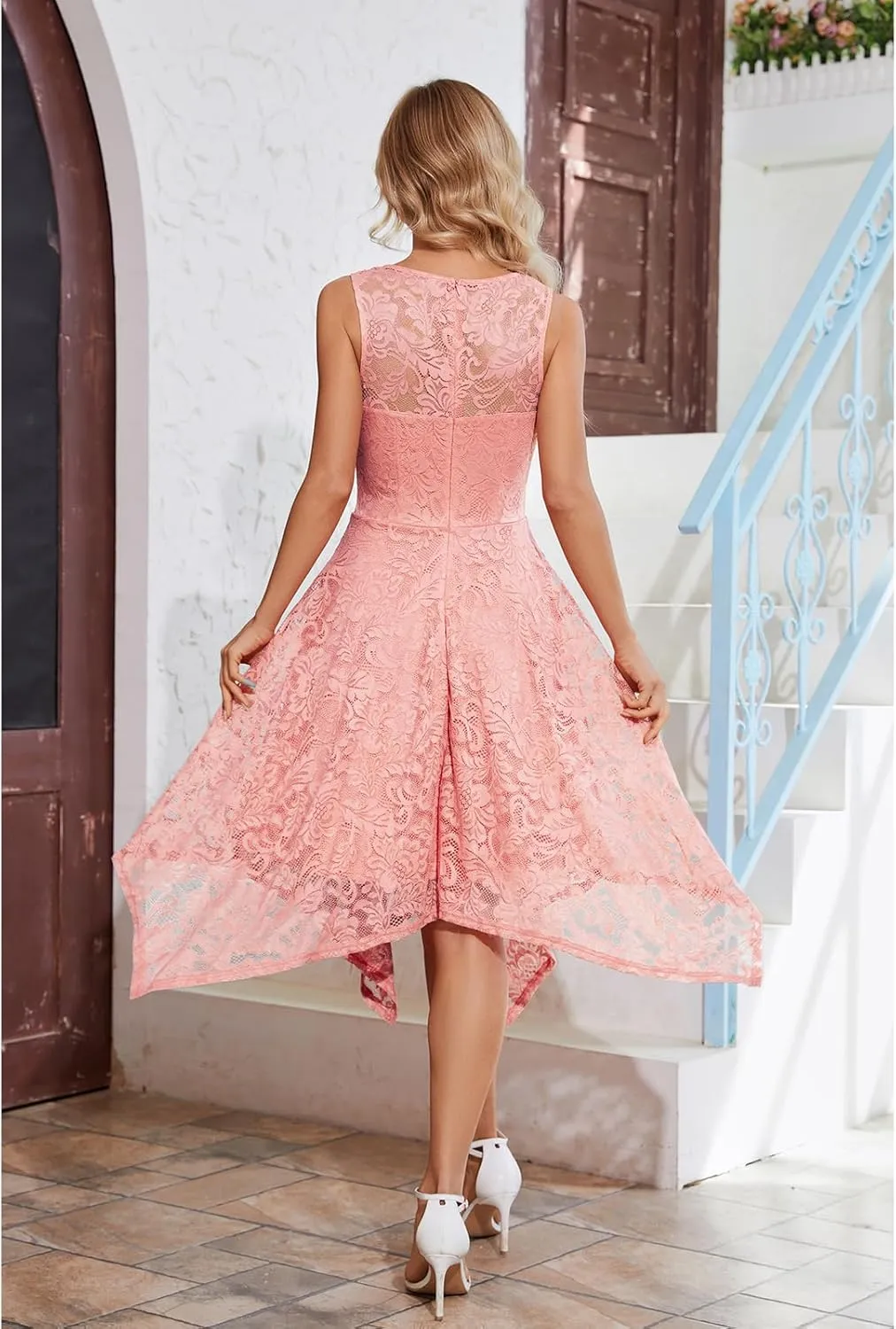 Meetjen Women's Cocktail Party Dresses 2025 Handkerchief Hem Lace Formal Wedding Guest Bridesmaid Fancy Prom Dress