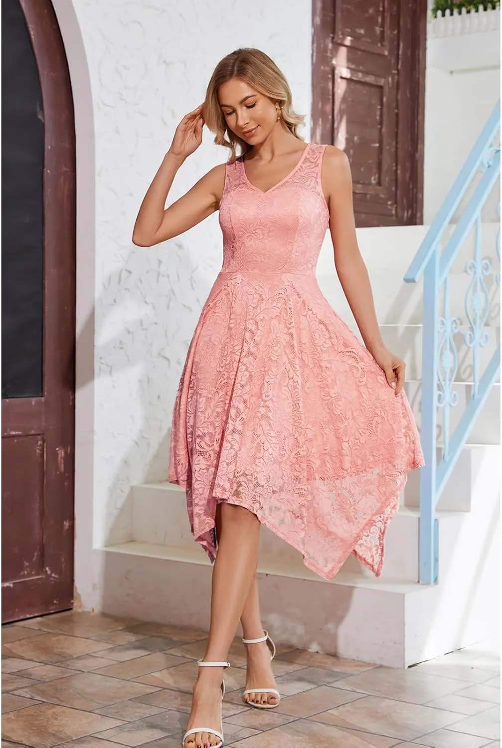 Meetjen Women's Cocktail Party Dresses 2025 Handkerchief Hem Lace Formal Wedding Guest Bridesmaid Fancy Prom Dress